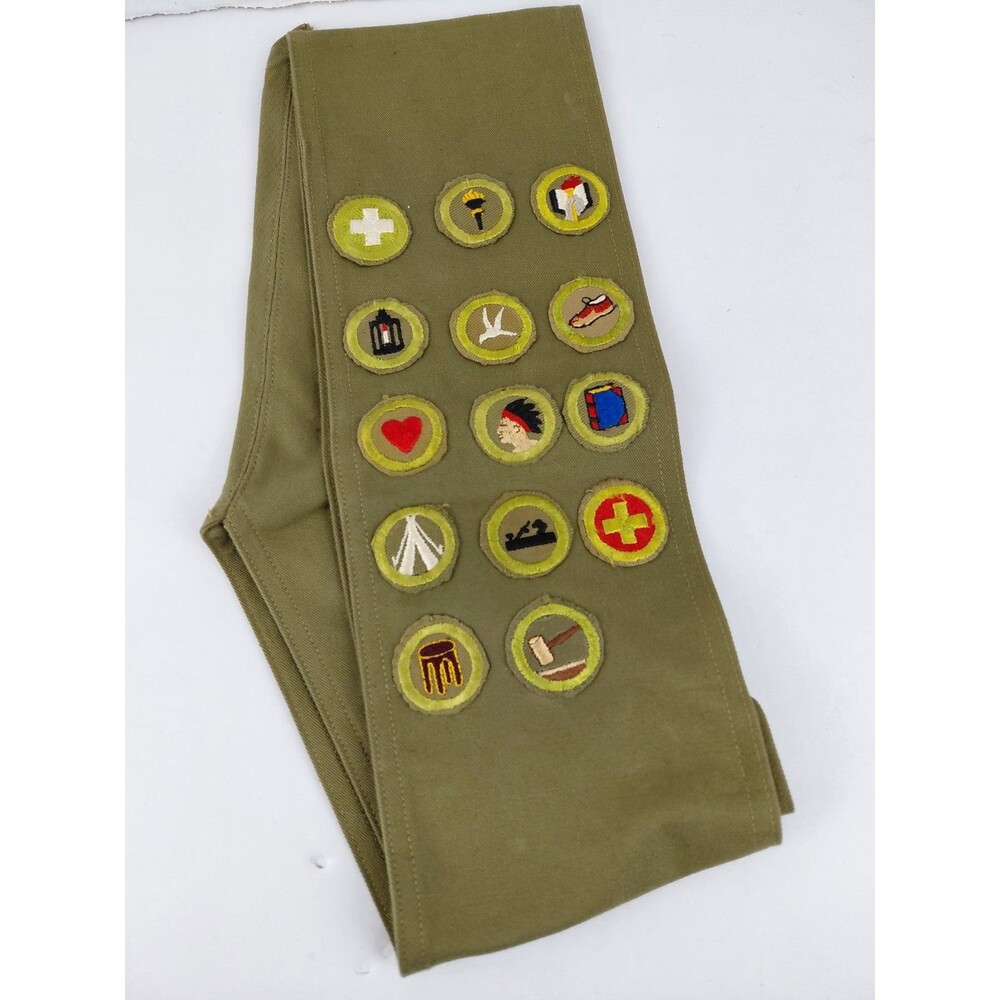 Boy Scouts of America BSA 14 Merit Badges On Sash Pathfinder & More 1960's